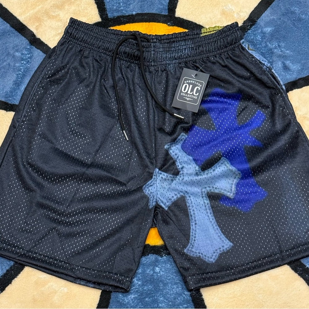 Men’s Black Mesh Shorts with Multi-Color Cross Print | Streetwear Style
